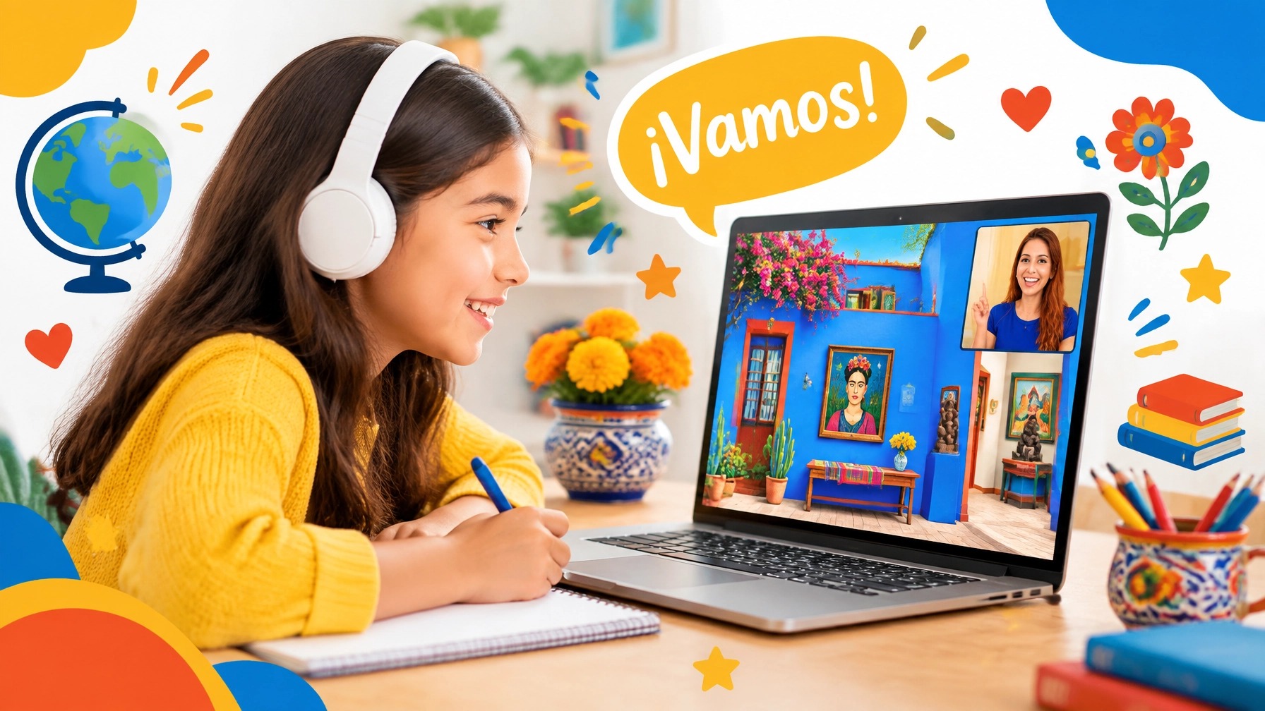 A child taking a virtual tour of Frida Kahlo’s house