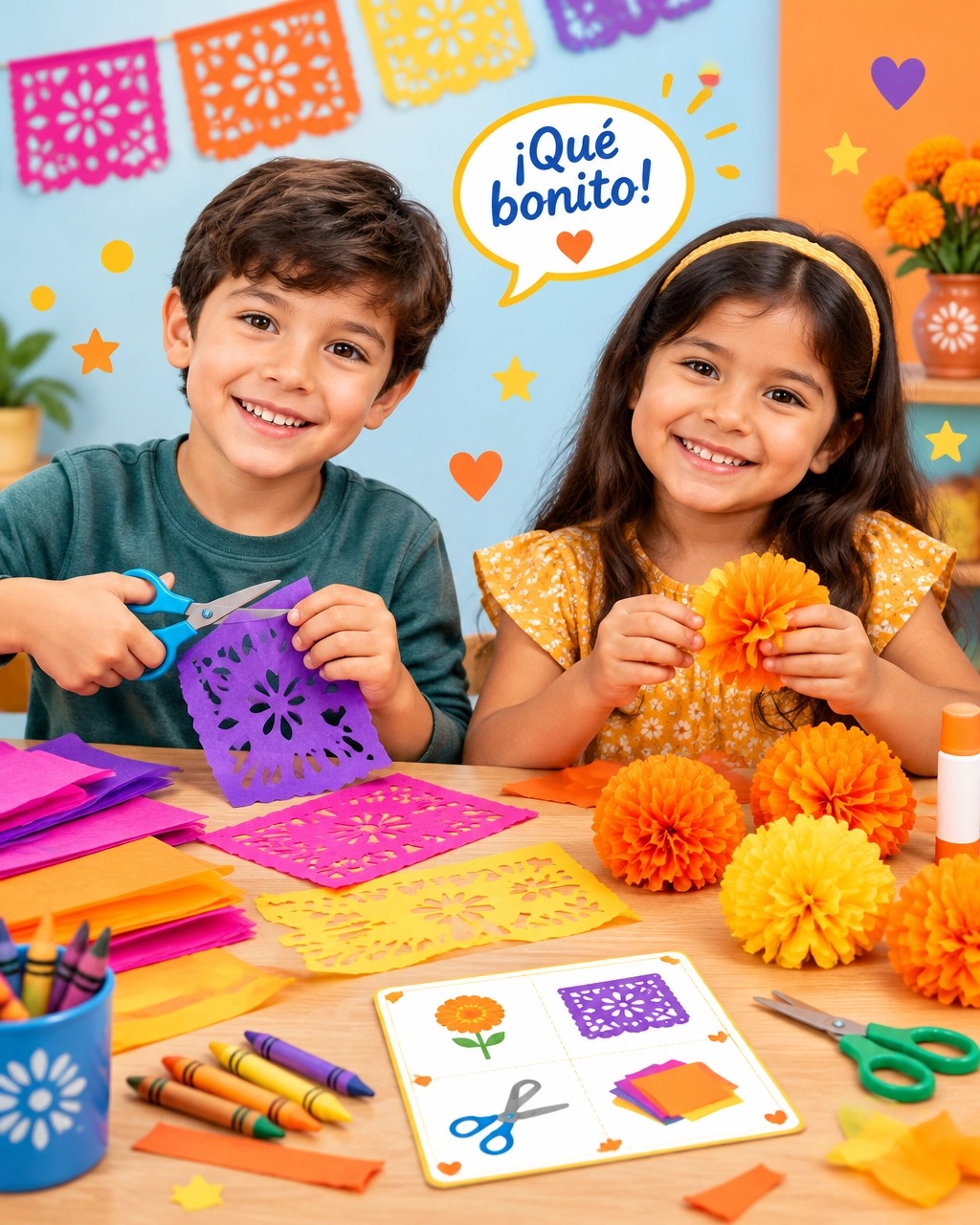 Children making papel picado and marigold flowers