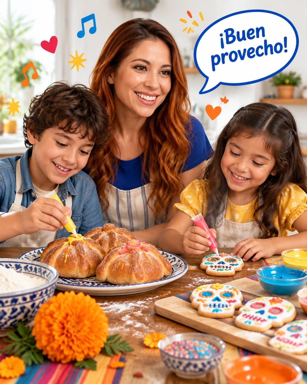 A family decorating pan de muerto and calavera cookies